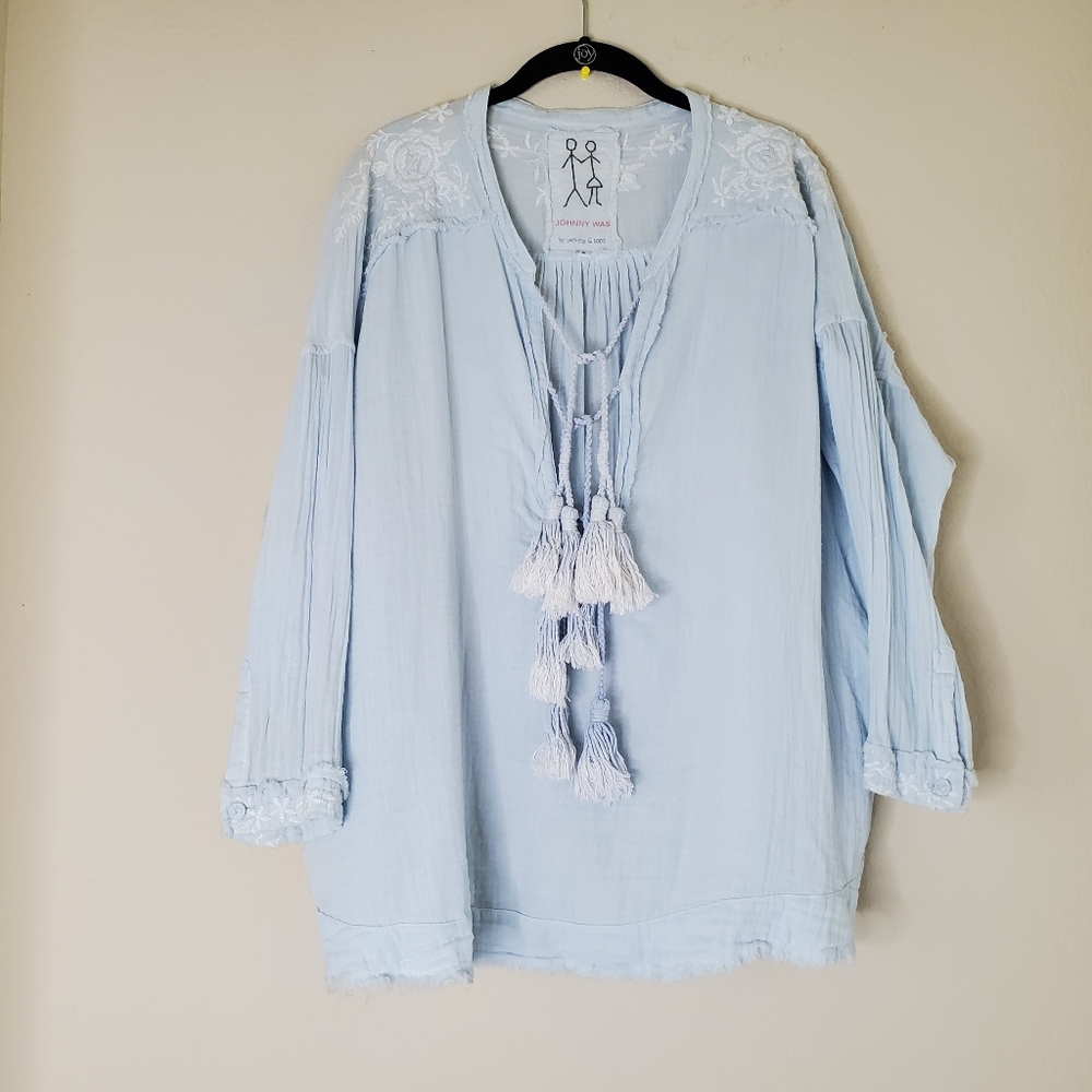 Johnny Was Womens Blouse Top Long Sleeve Tassel Cotton Gauze Pockets Sz S  Blue